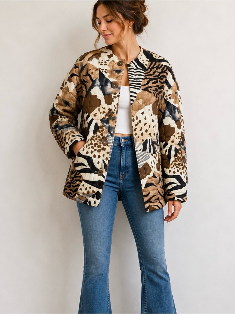 Laurèl Size 36 Boho Chic Quilted Animal Print Jacket Brown Indie Spring Laurel